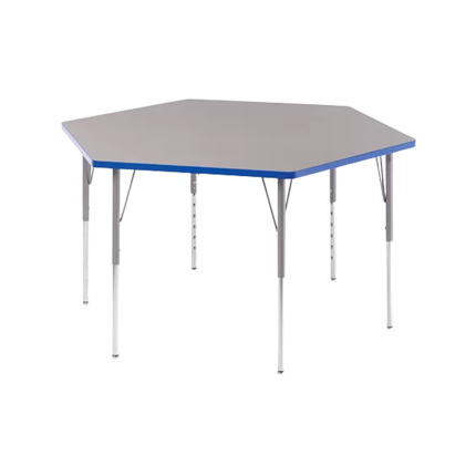 A hexagon-shaped activity table with a smooth laminate surface and adjustable height legs, ideal for fostering collaboration and creativity in educational settings.