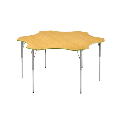 A colorful flower-shaped activity table with a sturdy laminate surface and adjustable height legs, perfect for fostering creativity and learning in classrooms and playrooms.