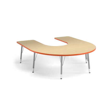 Horseshoe Activity Table with maple writing surface, adjustable height legs, and welded V-shaped support braces for stability