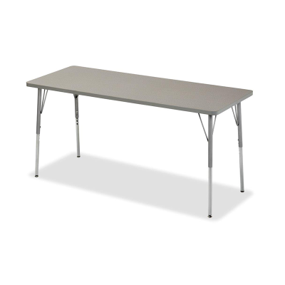A rectangular activity table with a maple laminate surface, grey powder-coated adjustable legs, and chrome inserts. The table is shown in a bright, well-lit room, ready for versatile use in various settings