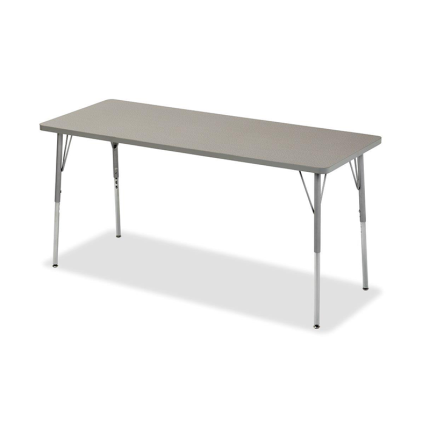 A rectangular activity table with a maple laminate surface, grey powder-coated adjustable legs, and chrome inserts. The table is shown in a bright, well-lit room, ready for versatile use in various settings