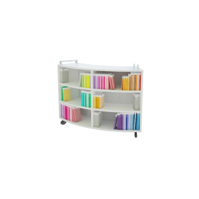 Modern curved bookcase with adjustable shelves, cart pulls for mobility, and perforated modesty panel.