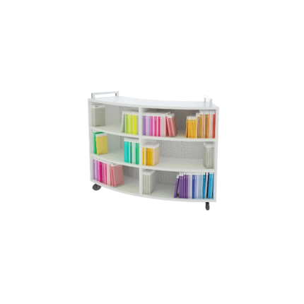 Modern curved bookcase with adjustable shelves, cart pulls for mobility, and perforated modesty panel.