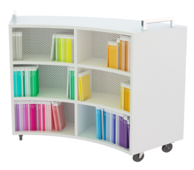Mobile Double Sided Curved Shelving with adjustable shelves, heavy-duty casters, and perforated modesty panels