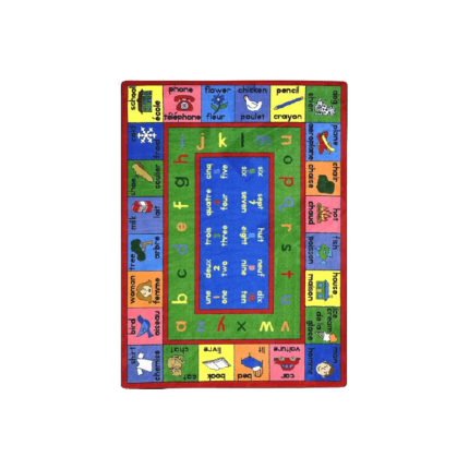LenguaLink Rectangle Carpet - bilingual teaching tool featuring French and English words, numbers, and alphabet for young learners.