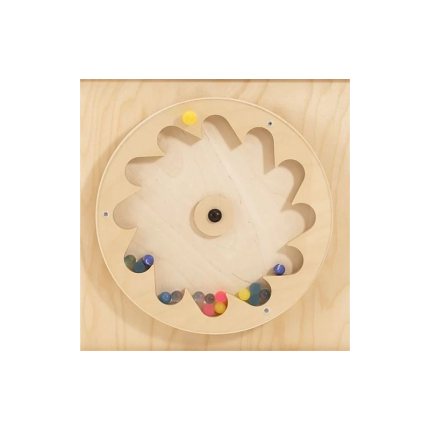 A sensory wall panel featuring a gear wheel that turns, causing rubber balls to bounce within the acrylic panel, engaging children's senses