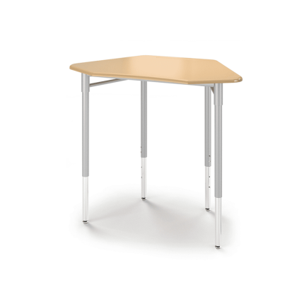Hexagonal Student Desk with maple hard plastic top, adjustable height legs, and sturdy steel frame, perfect for collaborative learning.