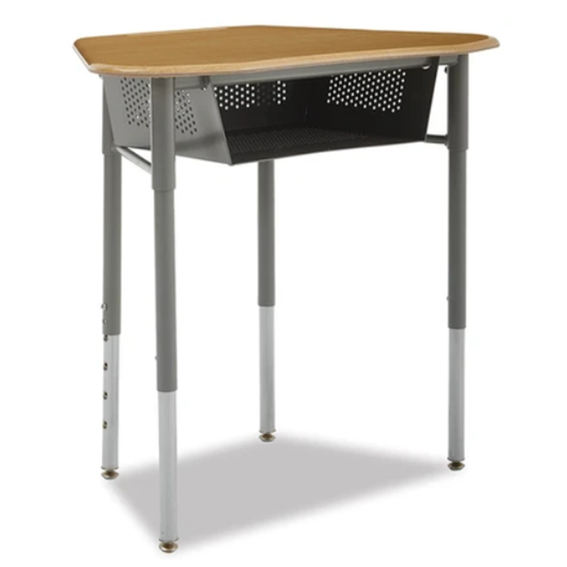 Hexagonal Desk with Perforated Book Box Durable hexagonal desk with perforated book box, adjustable height, and sturdy tubular steel frame, ideal for collaborative learning.