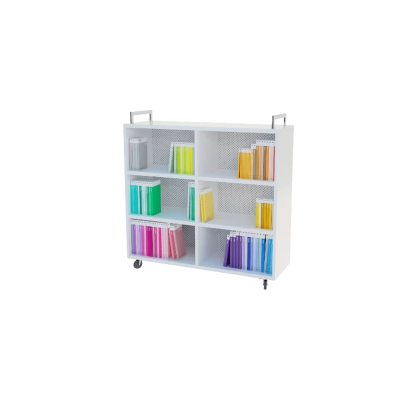 Single Sided Straight Shelving: Adjustable shelves, heavy-duty casters, perforated modesty panel, and magnets on sides for easy classroom organization.