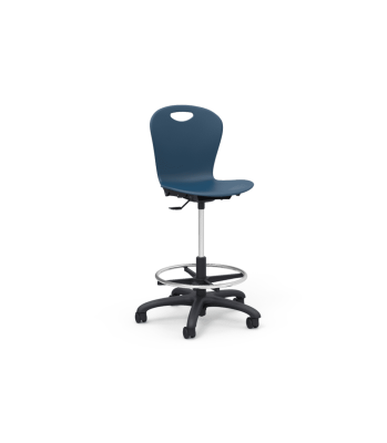 Image of the Zuma Lab Stool, featuring a one-piece molded polypropylene shell, adjustable height from 19" to 27", 360° swivel, and a tubular steel pedestal base with five 2" dual-wheel casters.