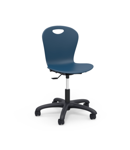 Image of the Zuma Mobile Task Chair featuring a one-piece molded polypropylene shell, adjustable height with a pneumatic cylinder, 360° swivel, and a tubular steel frame with five 2" dual-wheel casters.