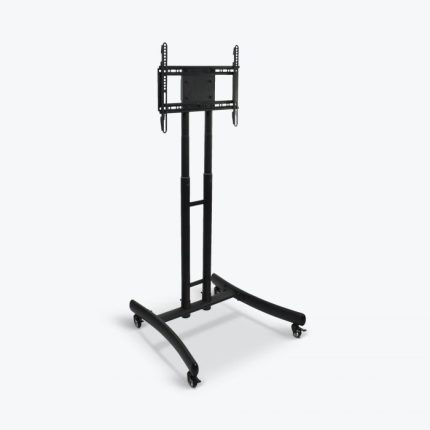 A black Adjustable-Height Rolling TV Stand capable of accommodating up to 70" TVs, with adjustable height ranging from 40" to 60".