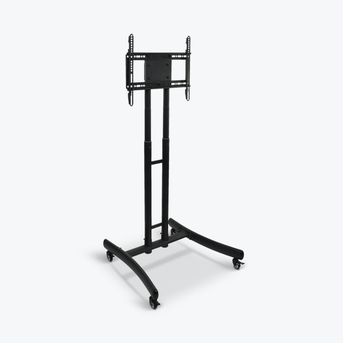 adjustable-height-rolling-tv-stand A black Adjustable-Height Rolling TV Stand capable of accommodating up to 70" TVs, with adjustable height ranging from 40" to 60".