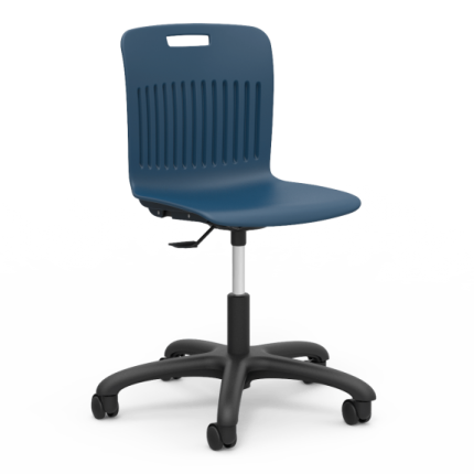 The Analogy Mobile Task Chair is shown, featuring a sleek design with ergonomic contours for comfort and mobility in office or educational settings.