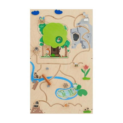 A sensory wall panel depicting a forest scene with interactive elements including sliding tufts of grass, hidden foxes, and rabbits, fostering engagement and learning