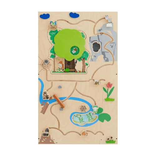 forest-sensory-wall-panel A sensory wall panel depicting a forest scene with interactive elements including sliding tufts of grass, hidden foxes, and rabbits, fostering engagement and learning