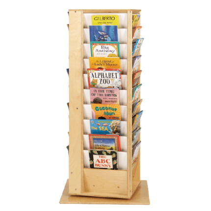 A tall, rotating tower with multiple slots for books and magazines, made of durable Baltic Birch wood with rounded edges and a smooth, UV-coated finish.