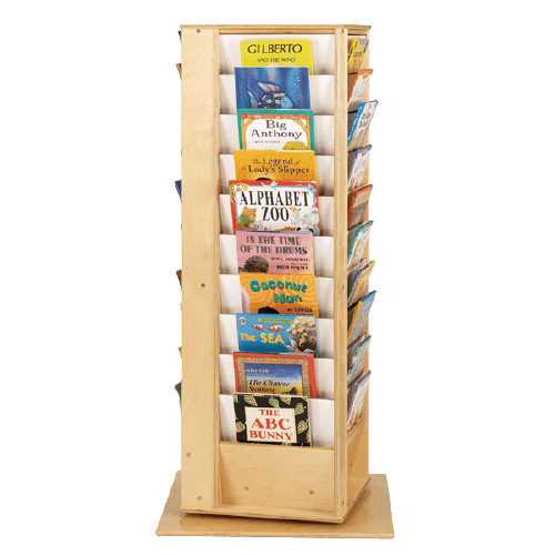 revolving-large-literacy-tower A tall, rotating tower with multiple slots for books and magazines, made of durable Baltic Birch wood with rounded edges and a smooth, UV-coated finish.