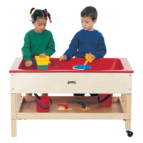 Maple legs, caster-mounted, includes drain valve. Ideal for sensory play in classrooms and play areas.