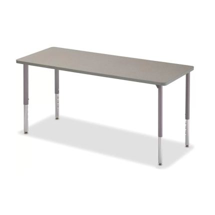 A rectangular activity table with a maple laminate surface, grey powder-coated adjustable legs, and chrome inserts. Ready for versatile use