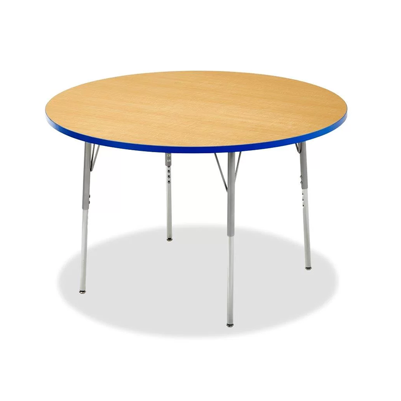 Round Activity Table A round activity table with maple laminate surface, grey powder-coated adjustable legs, and chrome inserts. Height adjustable from 22" to 30