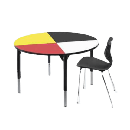 A 48-inch circular Medicine Wheel Table featuring colorful graphic high-pressure laminate design representing North, East, South, and West directions.