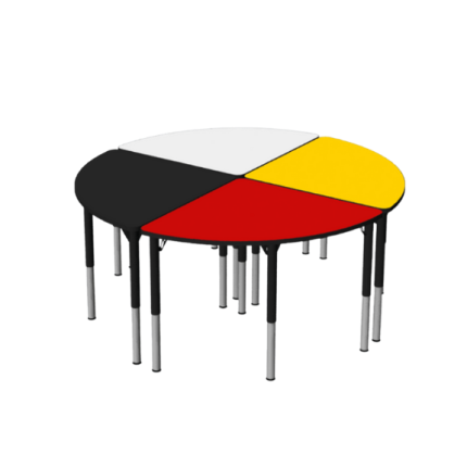A 72" Medicine Wheel Table featuring colorful directional symbols representing North, East, South, and West, embodying unity and tradition.