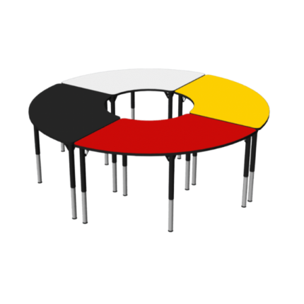 A 96" Medicine Wheel Table, symbolizing unity and tradition, featuring distinct colors representing the cardinal directions: North, East, South, and West.