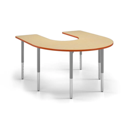 A horseshoe-shaped activity table with a sturdy laminate surface, adjustable height legs, and welded support braces, ideal for collaborative learning environments.