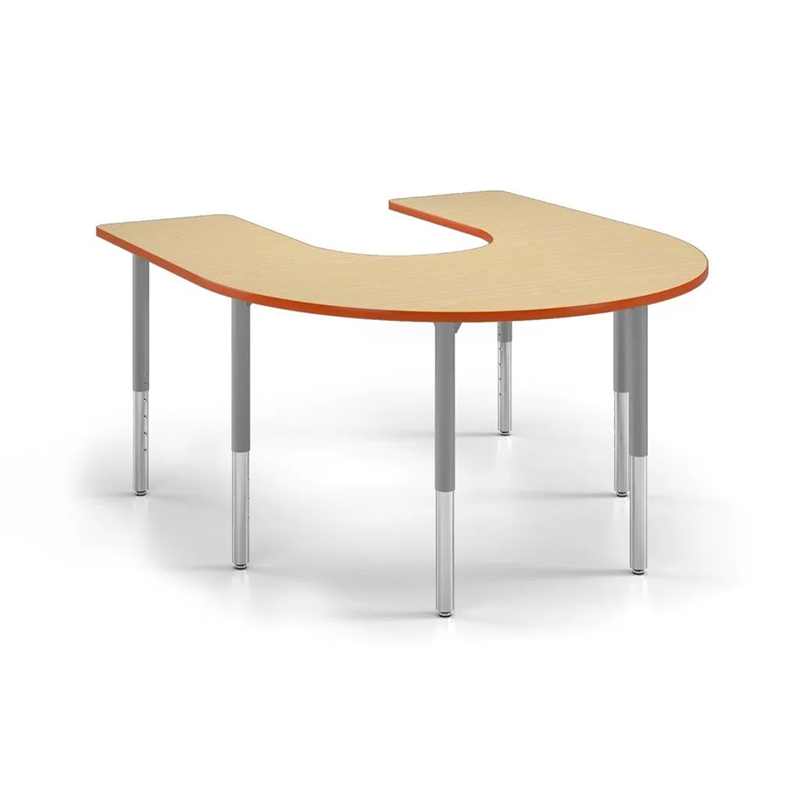 A horseshoe-shaped activity table with a sturdy laminate surface, adjustable height legs, and welded support braces, ideal for collaborative learning environments.