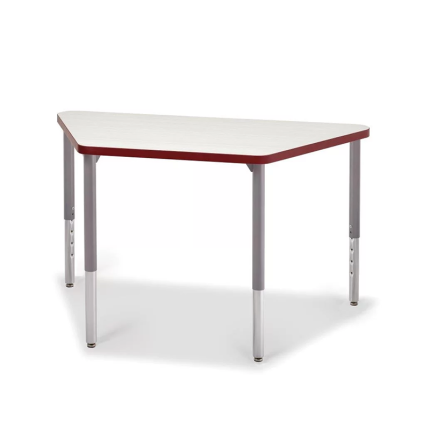 Image of the Big Horn Trapezoid Table, featuring a 1-1/8” laminate top with smooth 2mm PVC edging, adjustable chrome-plated steel legs, and a 16-gauge steel frame.