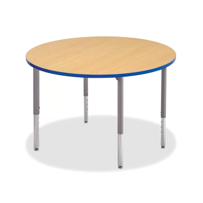 A round table with a high-pressure laminate top, sturdy round tube legs, and adjustable height settings