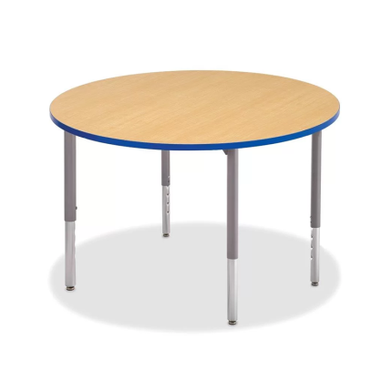 A round table with a high-pressure laminate top, sturdy round tube legs, and adjustable height settings