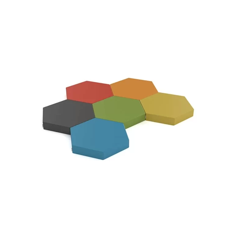 ChatGPT A set of six vibrant octagonal floor cushions in mixed colors, each measuring 24 inches in depth and width, and 4 inches in height, arranged stylishly on the floor.