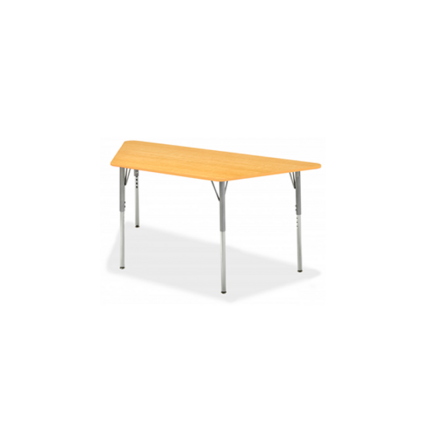Image of the Caribou Trapezoid Activity Table, featuring a 1-1/8” laminate surface with smooth PVC edging, adjustable steel legs, and a sturdy frame with chrome-plated lower legs.