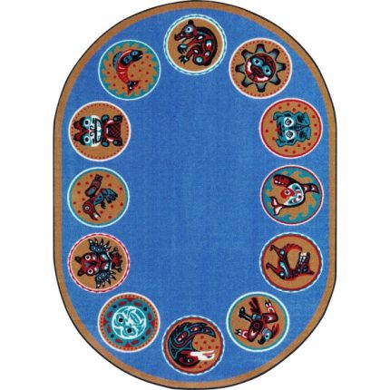 The Circle Rug with indigenous cultural symbols, oval shape, 4'8"x10'9" size, ideal for educational environments and cultural appreciation.