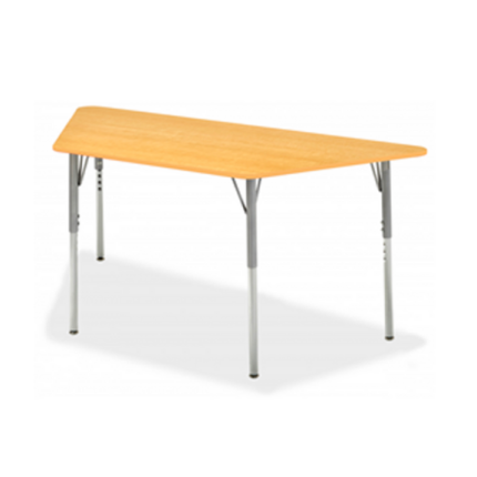 24"x48" Caribou Trapezoid Table with HPL top, round corner PVC edge, and adjustable height feature.