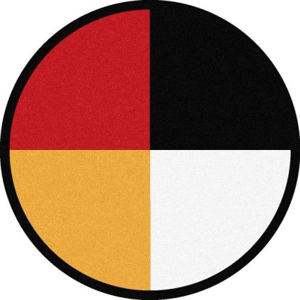 Image of the Wheel of Life Rug, a 7'7" round carpet featuring a colorful representation of the medicine wheel, symbolizing the interconnectivity of physical, emotional, mental, and spiritual realities.
