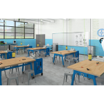 A classroom filled with Works Butcher Block Tables, providing versatile workspaces for makerspace activities and projects.