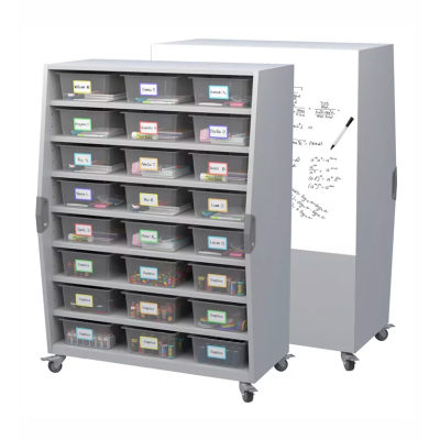 Tall Storage Cart with non-ghosting markerboard, durable 18 gauge steel construction, 4 or 8 shelf configuration options, and high-strength locking casters