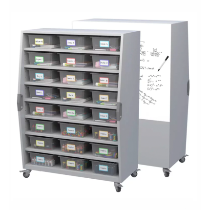 Tall Storage Cart with non-ghosting markerboard, durable 18 gauge steel construction, 4 or 8 shelf configuration options, and high-strength locking casters