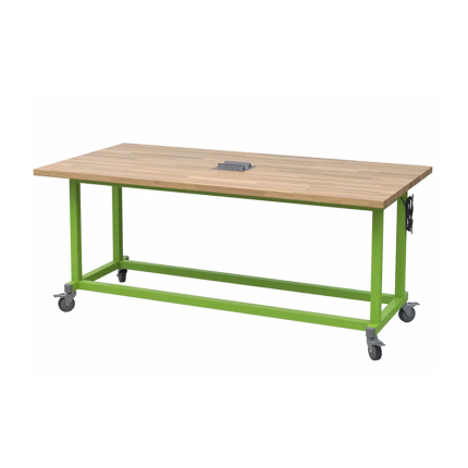 The Maker Table, featuring a solid Birch Butcher Block top, welded steel tube base, and 4 locking casters. Available in Utility or A-frame styles.