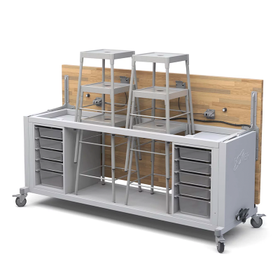 Image of The Rover™ Table, featuring a solid Hard Maple Butcher Block top and a welded steel base with 4 locking casters, designed for mobility and durability in makerspaces.
