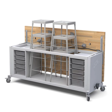 Image of The Rover™ Table, featuring a solid Hard Maple Butcher Block top and a welded steel base with 4 locking casters, designed for mobility and durability in makerspaces.