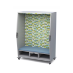 Image of the Think Nook, featuring a steel frame with a non-ghosting markerboard, polyurethane foam seating, and storage compartments. Includes 3-inch locking casters for mobility.