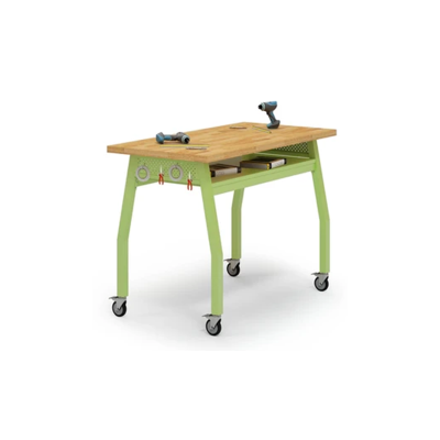 A Works Butcher Block Table for Makerspace, featuring a sturdy 1 3/4” butcher block top with welded mounting plate and steel legs, perfect for collaborative projects and hands-on learning