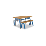 A Works Butcher Block Table for Makerspace, featuring a sturdy 1 3/4” butcher block top with welded mounting plate and steel legs, perfect for collaborative projects and hands-on learning