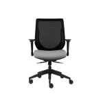Image of the You Too chair featuring a sleek design profile, elastomeric mesh back, U-shaped frame, and an innovative back suspension system. The chair includes a deluxe synchro tilt mechanism, adjustable back height, and 65mm casters on a TVO base.