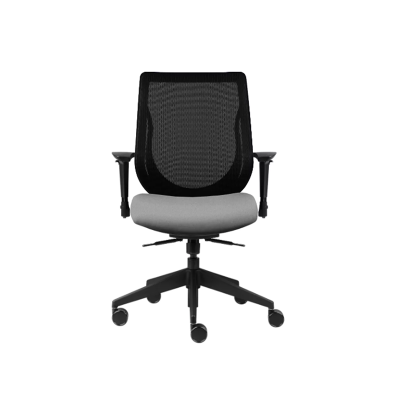 Image of the You Too chair featuring a sleek design profile, elastomeric mesh back, U-shaped frame, and an innovative back suspension system. The chair includes a deluxe synchro tilt mechanism, adjustable back height, and 65mm casters on a TVO base.