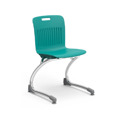 The Analogy Cantilever Chair 14" is shown, featuring a sleek design with ergonomic contours for comfort and durability in any learning environment.